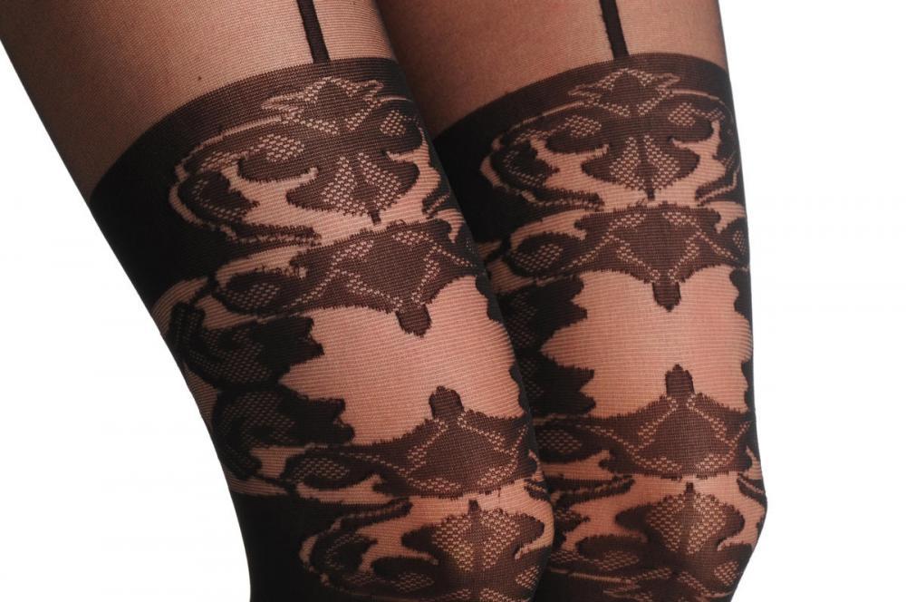 Liss Kiss Black Faux Suspender Stocking With Floral Top 40 Den - Tights