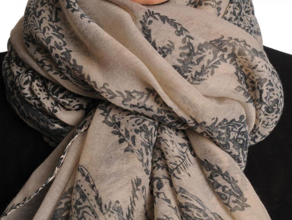 Liss Kiss Black Fern Leaves On Sand White Grey Unisex Scarf & Beach Sarong - Scarf