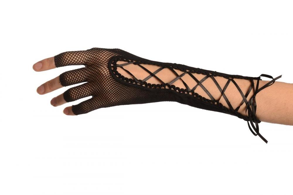 Liss Kiss Black Fishnet Black Lace Up Fingerless Gloves - Gloves