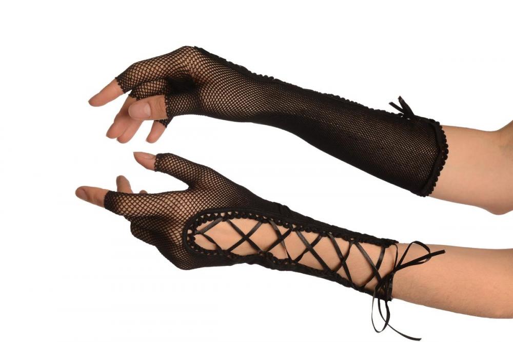 liss kiss Black Fishnet Black Lace Up Fingerless Gloves - Gloves