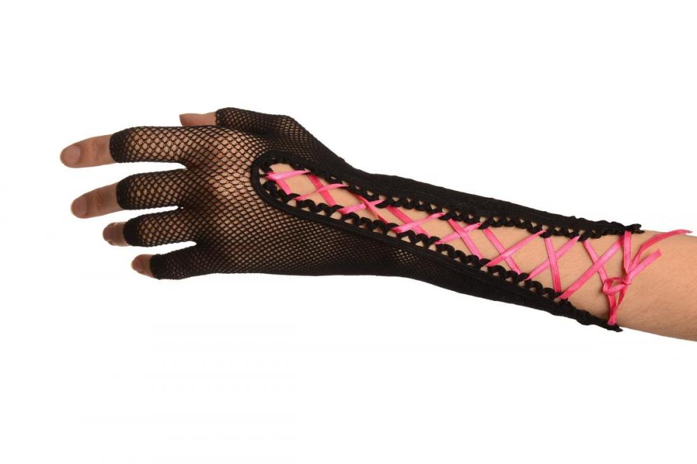 Liss Kiss Black Fishnet Pink Lace Up Fingerless Gloves - Gloves