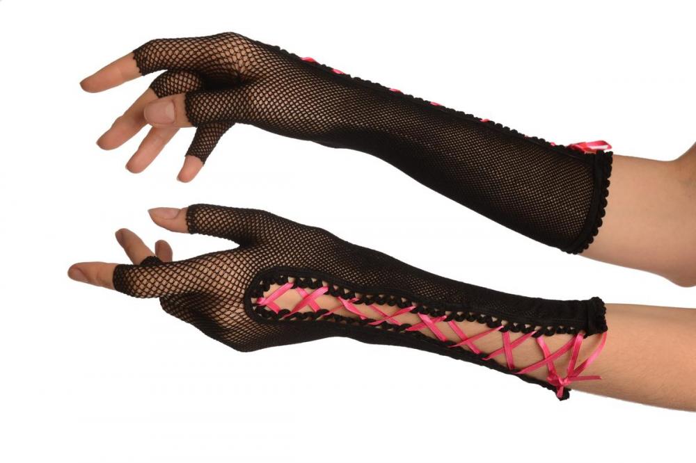 liss kiss Black Fishnet Pink Lace Up Fingerless Gloves - Gloves