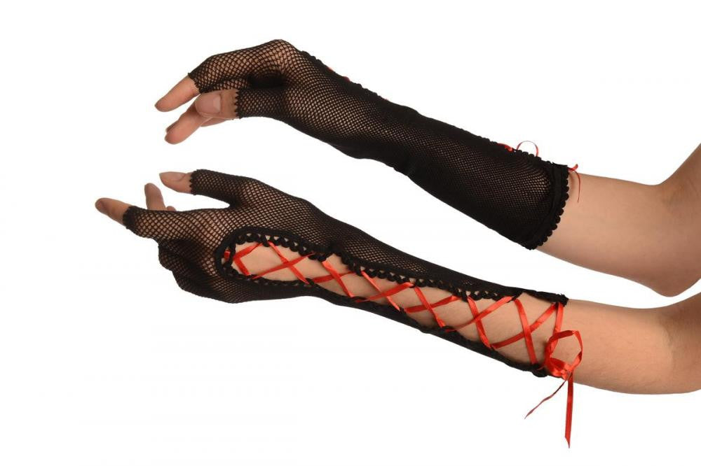 liss kiss Black Fishnet Red Lace Up Fingerless Gloves - Gloves