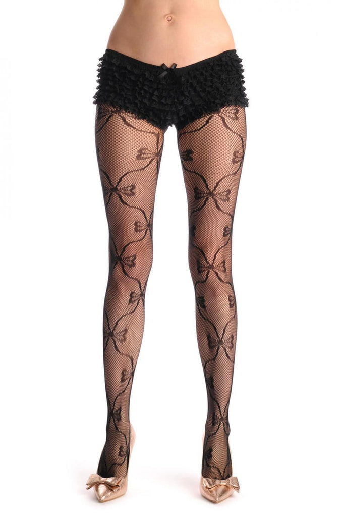 Liss Kiss Black Fishnet With Bended Seam Joined With Bows - Tights