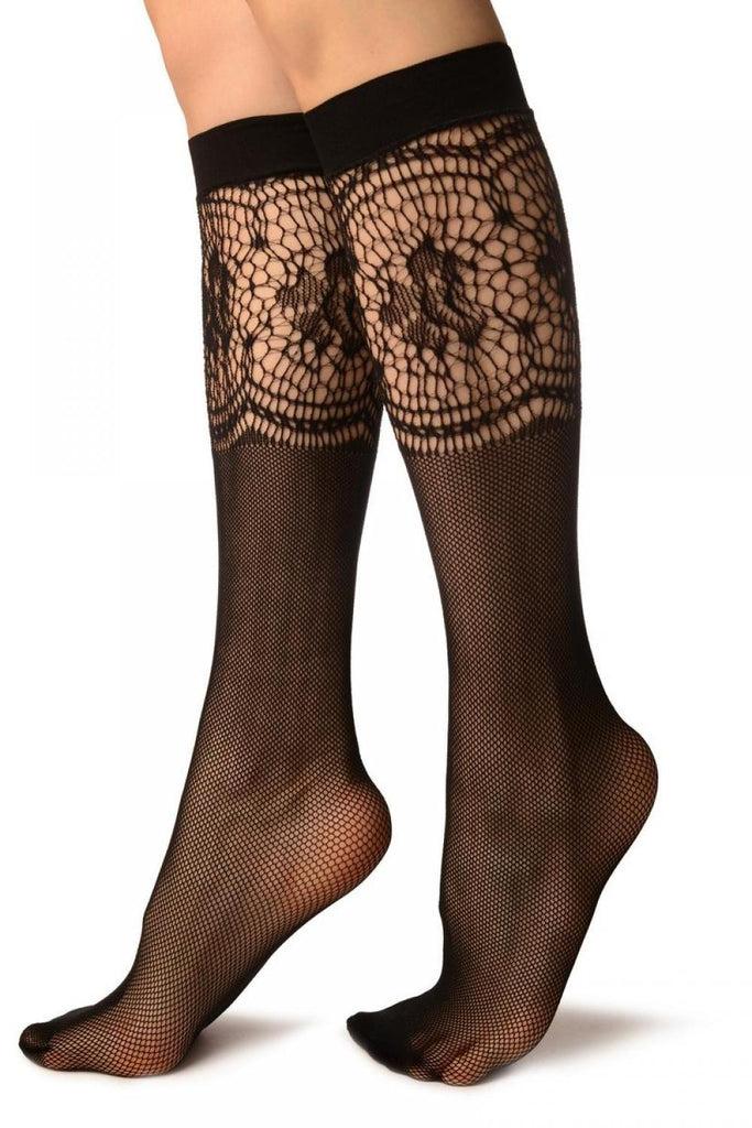 Liss Kiss Black Fishnet With Crochet Socks Knee High - Socks