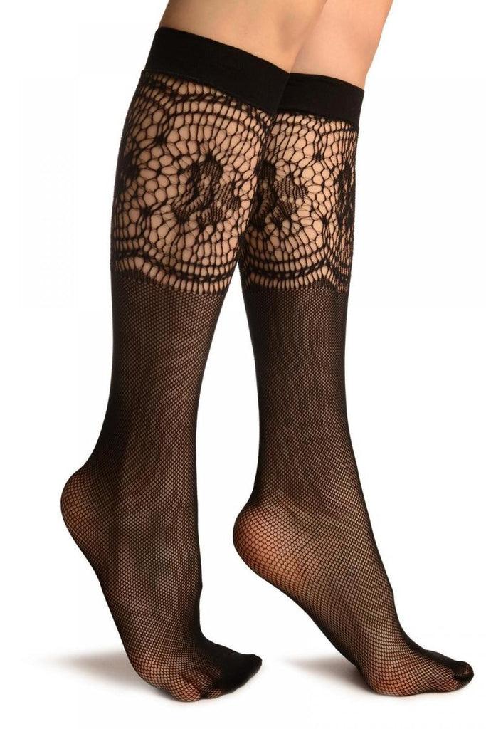 liss kiss Black Fishnet With Crochet Socks Knee High - Socks