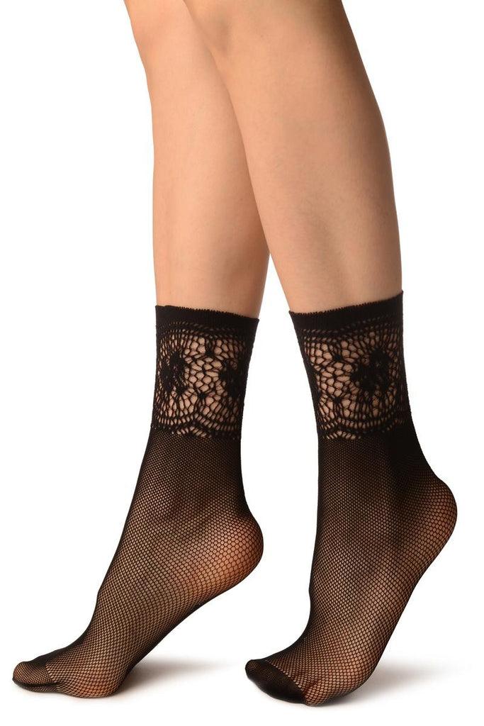 Liss Kiss Black Fishnet With Crochet Top Socks Ankle High - Socks