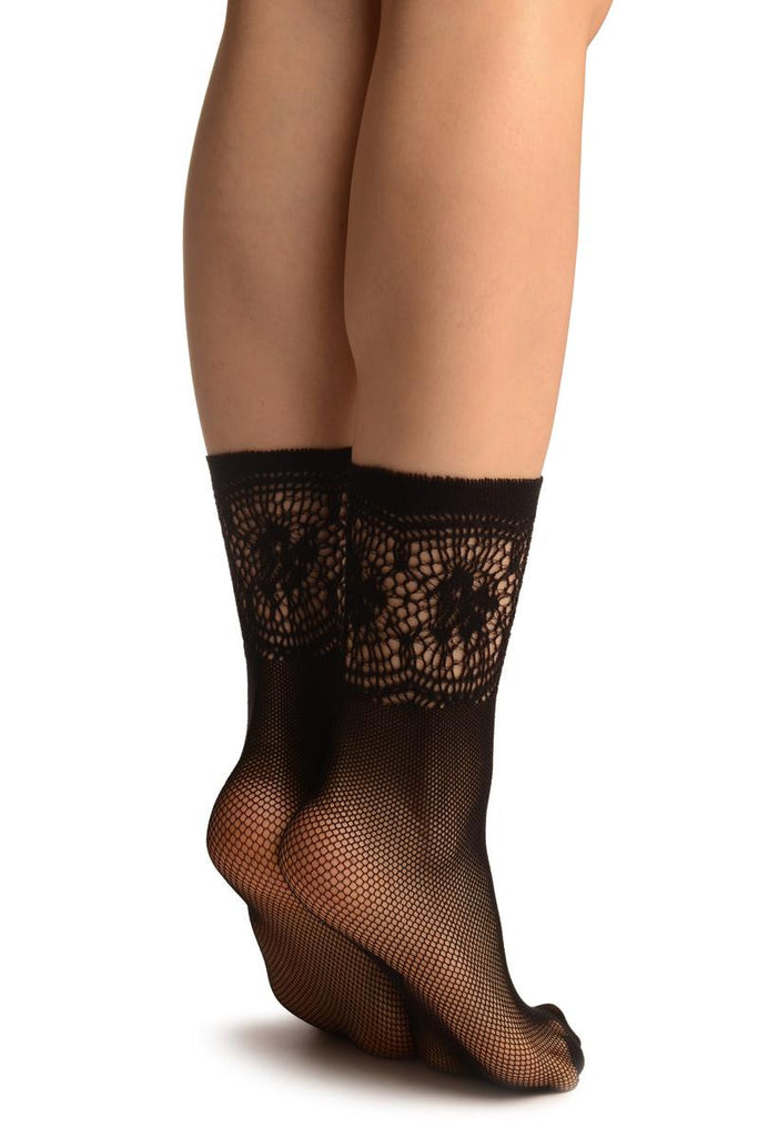 Liss Kiss Black Fishnet With Crochet Top Socks Ankle High - Socks
