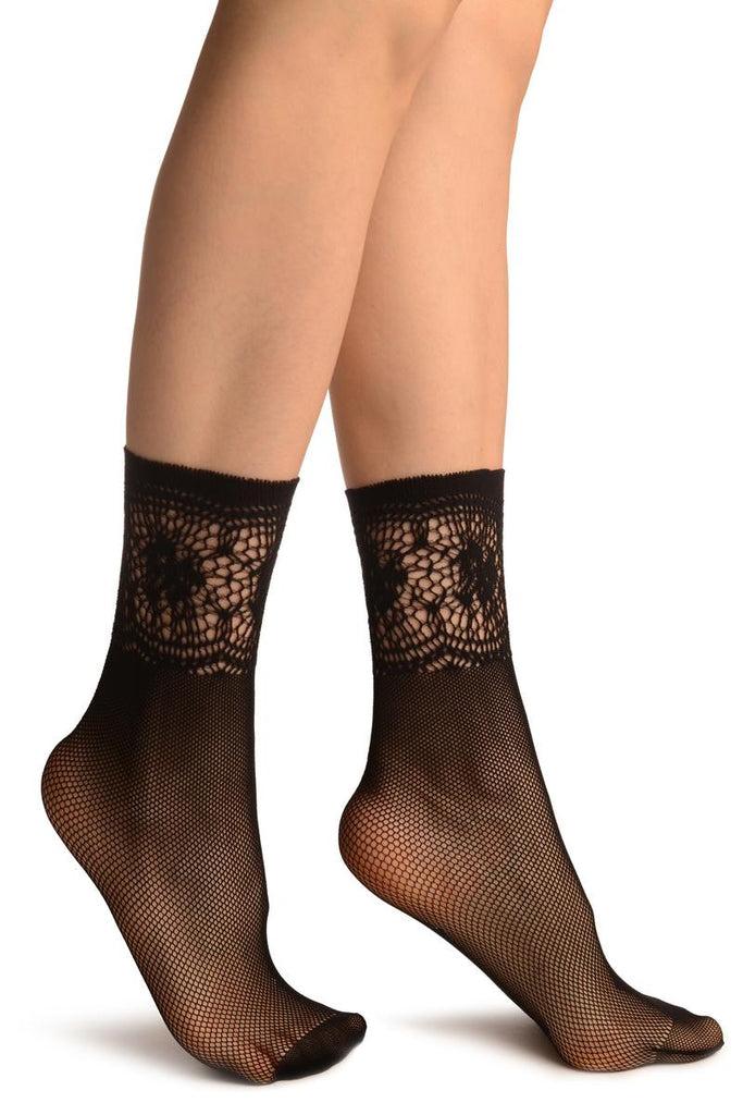 liss kiss Black Fishnet With Crochet Top Socks Ankle High - Socks