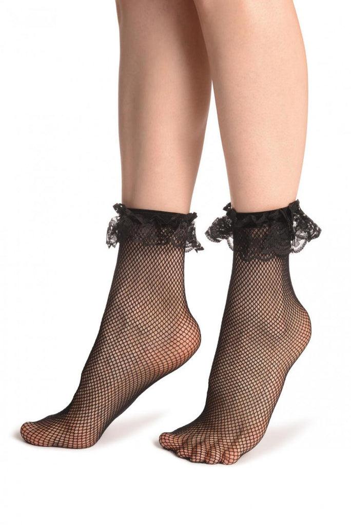 Liss Kiss Black Fishnet With Lace Ruffles Ankle High Socks - Socks