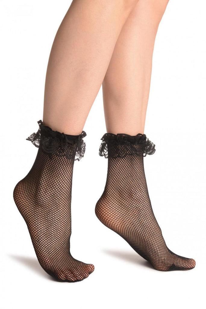 liss kiss Black Fishnet With Lace Ruffles Ankle High Socks - Socks