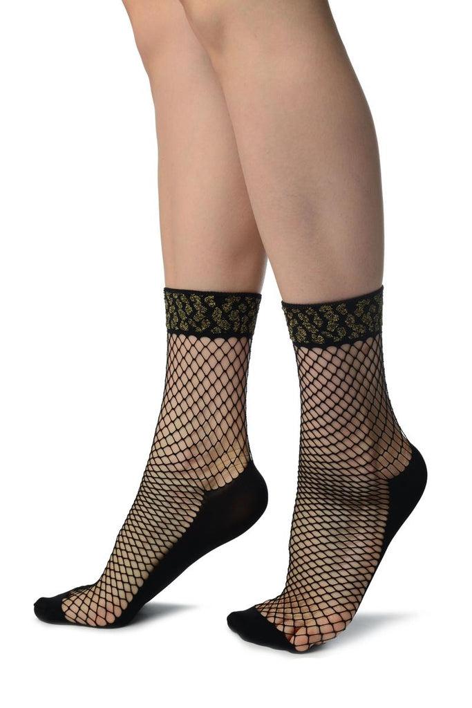 Liss Kiss Black Fishnet With Lurex Leopard Top Ankle High Socks - Socks