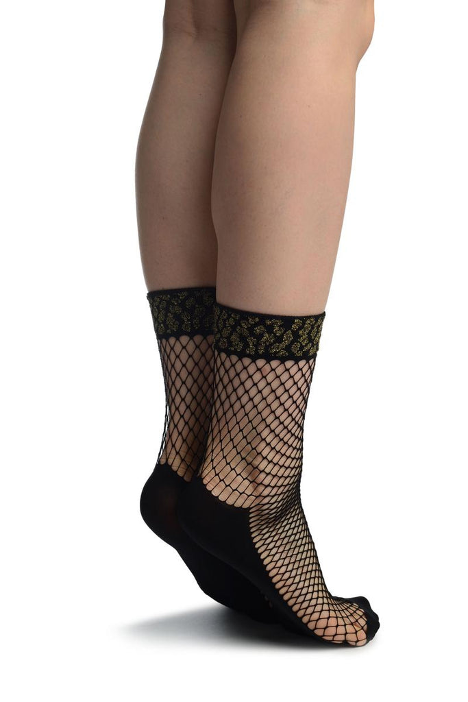 Liss Kiss Black Fishnet With Lurex Leopard Top Ankle High Socks - Socks