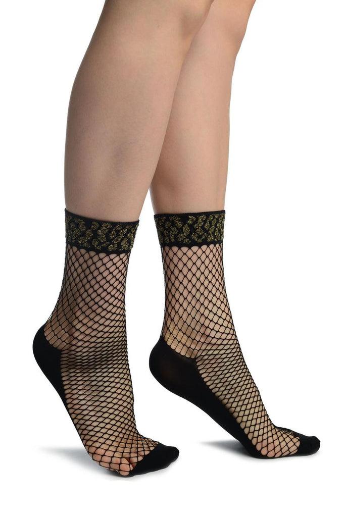 liss kiss Black Fishnet With Lurex Leopard Top Ankle High Socks - Socks