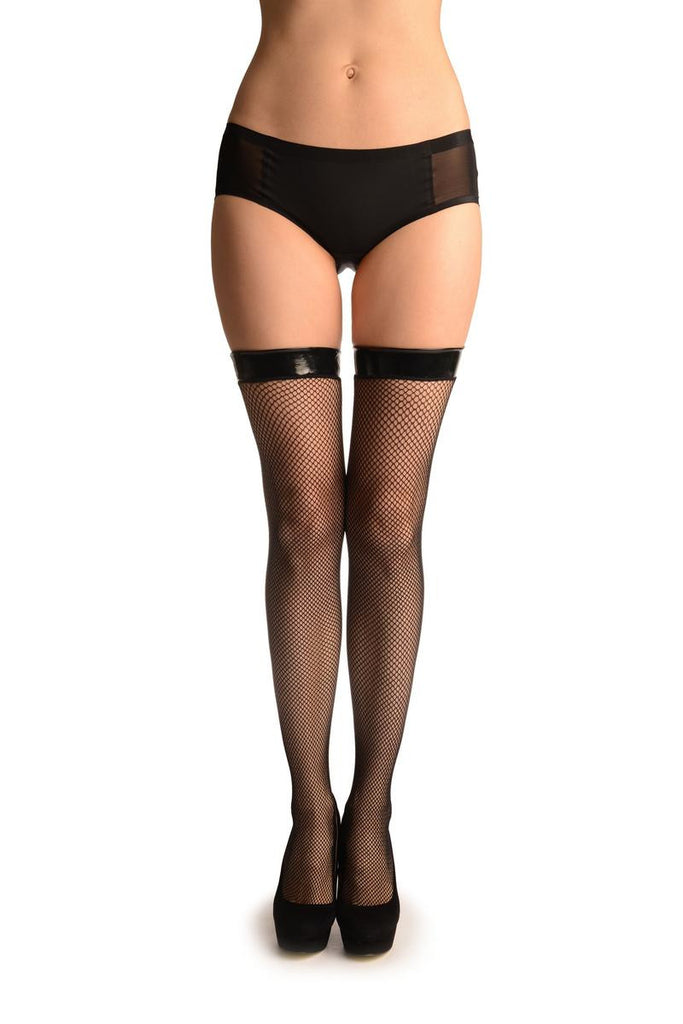 liss kiss Black Fishnet With PVC Stay Up Garter - Hold Ups