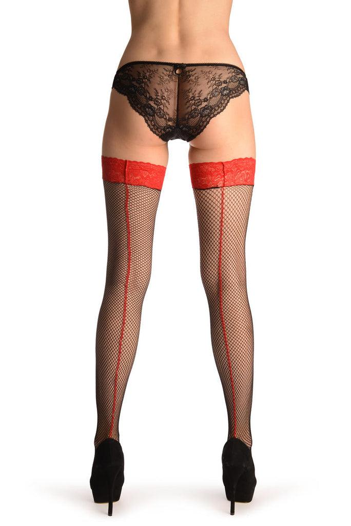 Liss Kiss Black Fishnet With Red Seam & Silicone Lace - Hold Ups