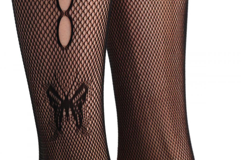 Liss Kiss Black Fishnet With Side Seam With Holes & Little Butterfly - Tights