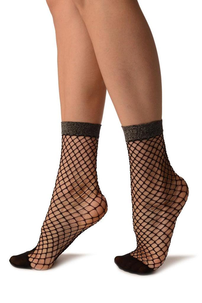Liss Kiss Black Fishnet With Silver Lurex Ankle High Socks - Socks