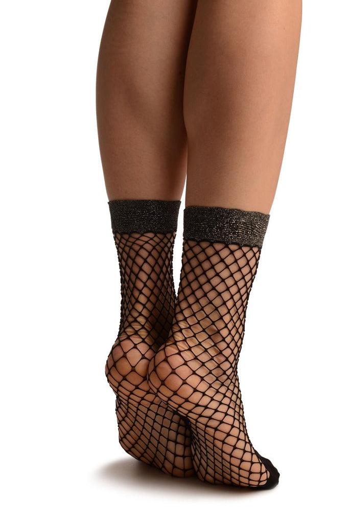 Liss Kiss Black Fishnet With Silver Lurex Ankle High Socks - Socks