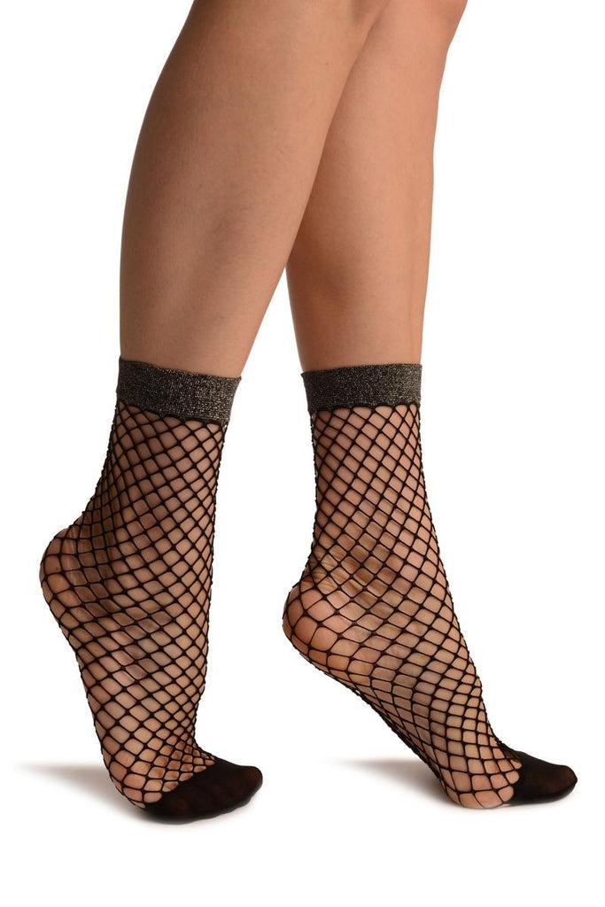 liss kiss Black Fishnet With Silver Lurex Ankle High Socks - Socks