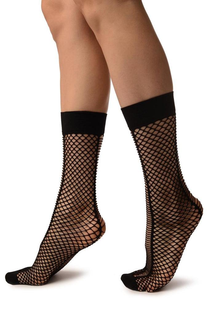 Liss Kiss Black Fishnet With Striped Seams Ankle High Socks - Socks