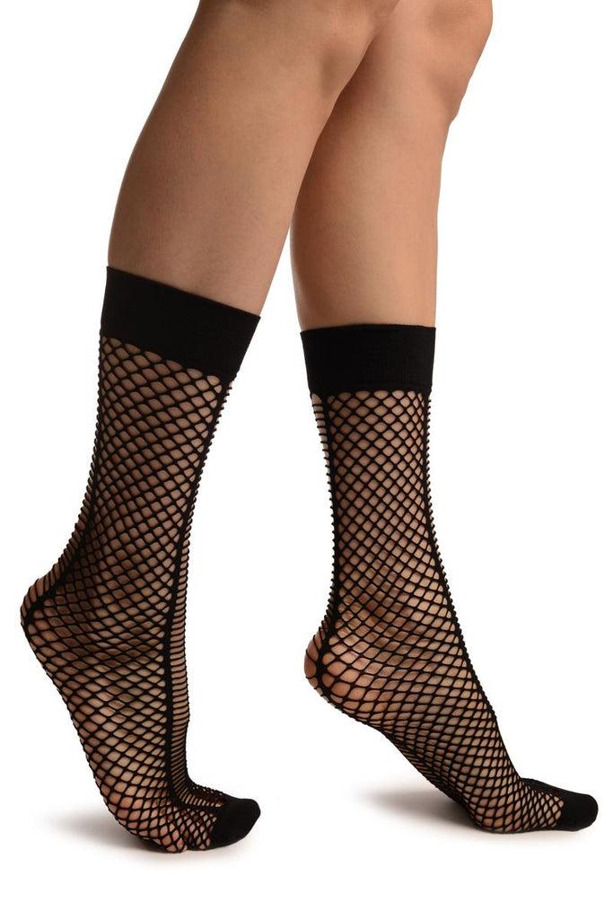 Liss Kiss Black Fishnet With Striped Seams Ankle High Socks - Socks