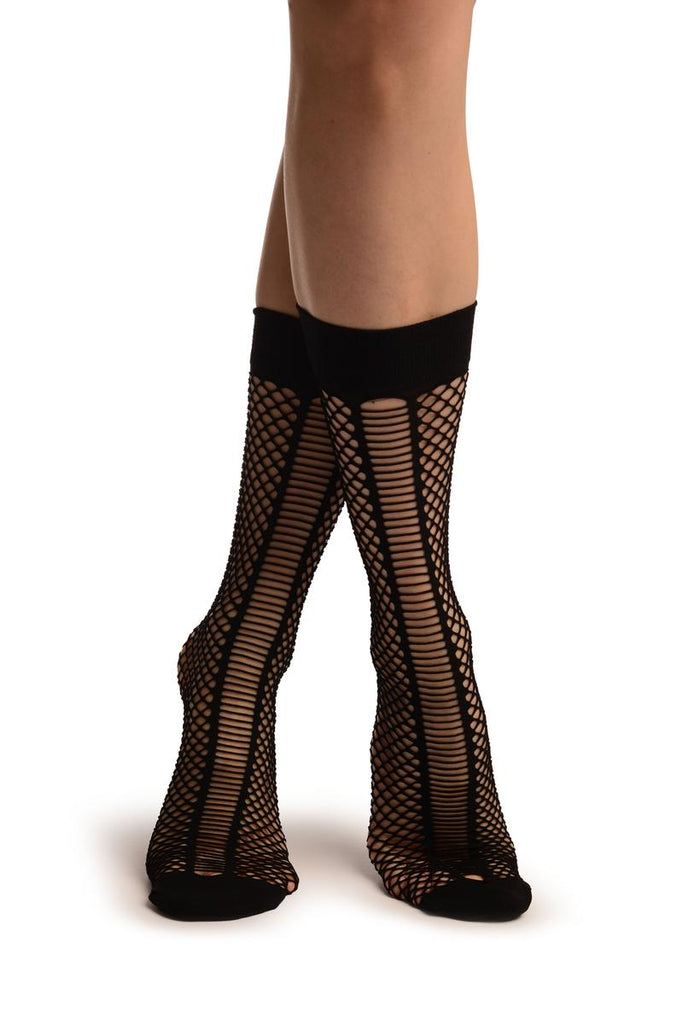 liss kiss Black Fishnet With Striped Seams Ankle High Socks - Socks