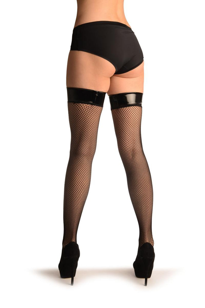 Liss Kiss Black Fishnet With Vinyl Stay Up Garter - Hold Ups