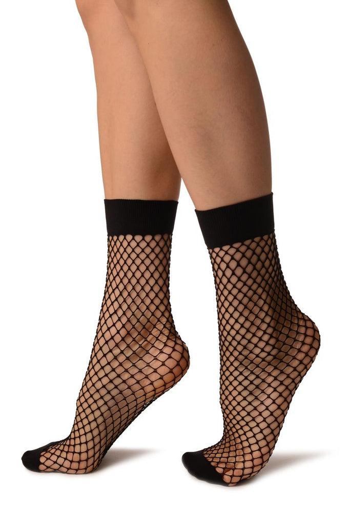 Liss Kiss Black Fishnet With Wide Top & Opaque Toe Ankle High Socks - Socks