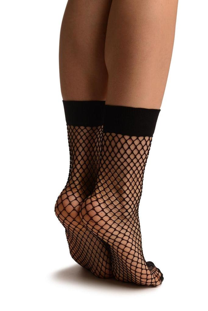 Liss Kiss Black Fishnet With Wide Top & Opaque Toe Ankle High Socks - Socks