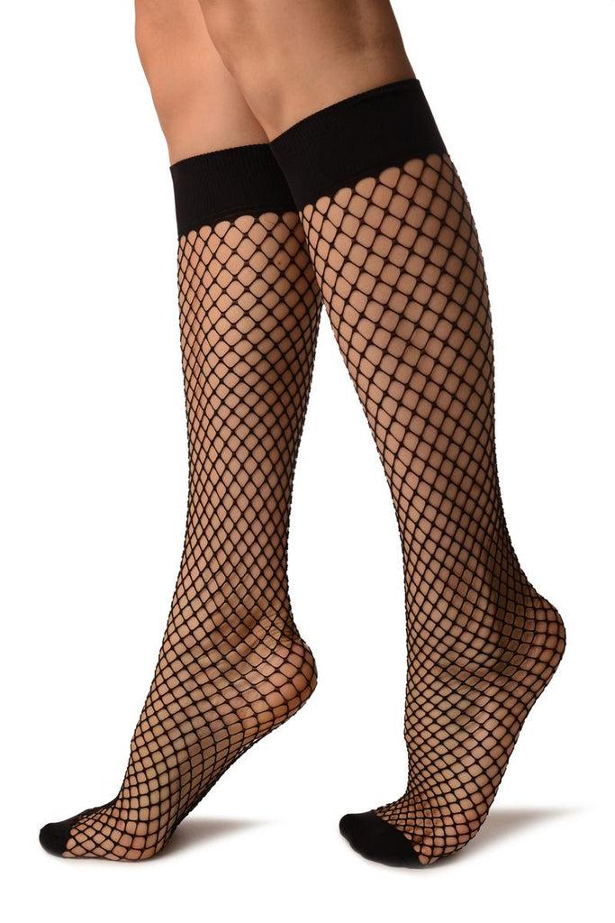 Liss Kiss Black Fishnet With Wide Top & Opaque Toe Knee High Socks - Socks