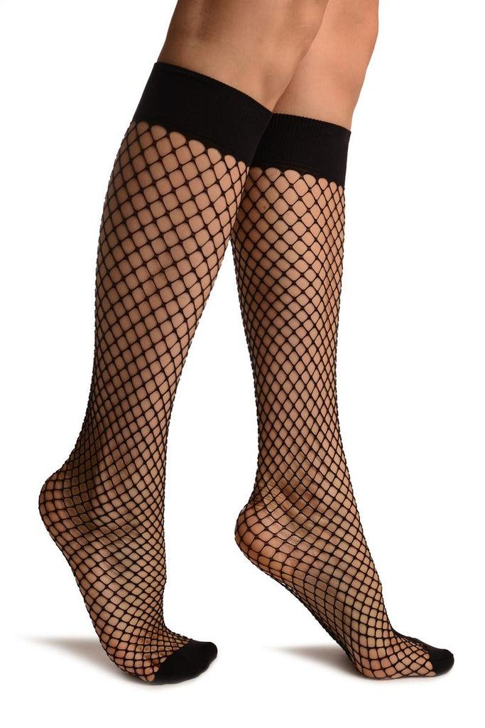 liss kiss Black Fishnet With Wide Top & Opaque Toe Knee High Socks - Socks