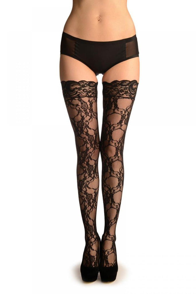 Liss Kiss Black Floral Lack With Silicon Garter - Hold Ups