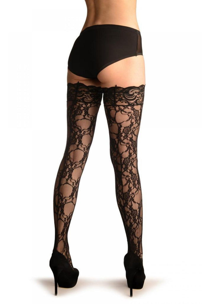 Liss Kiss Black Floral Lack With Silicon Garter - Hold Ups
