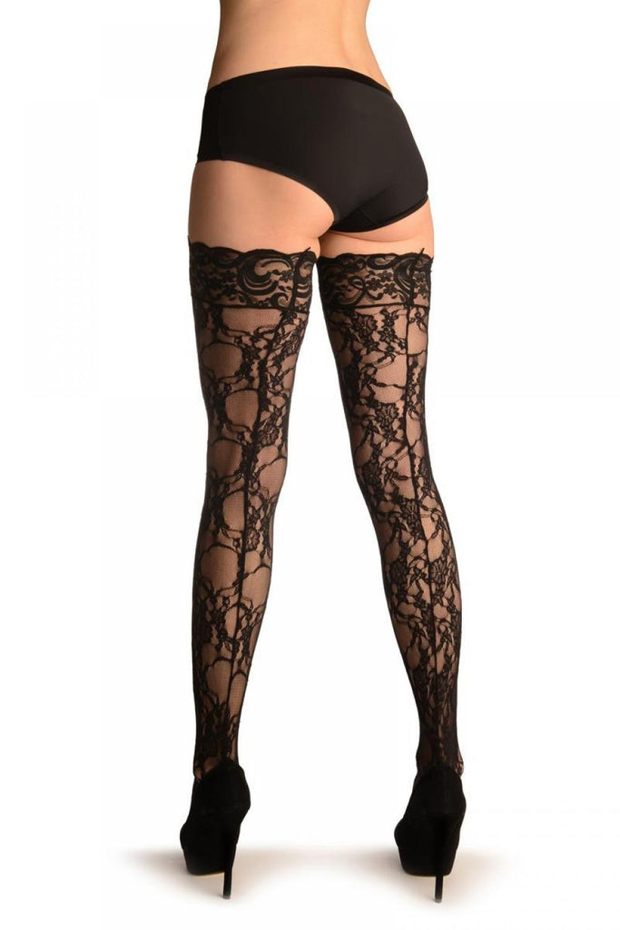 liss kiss Black Floral Lack With Silicon Garter - Hold Ups