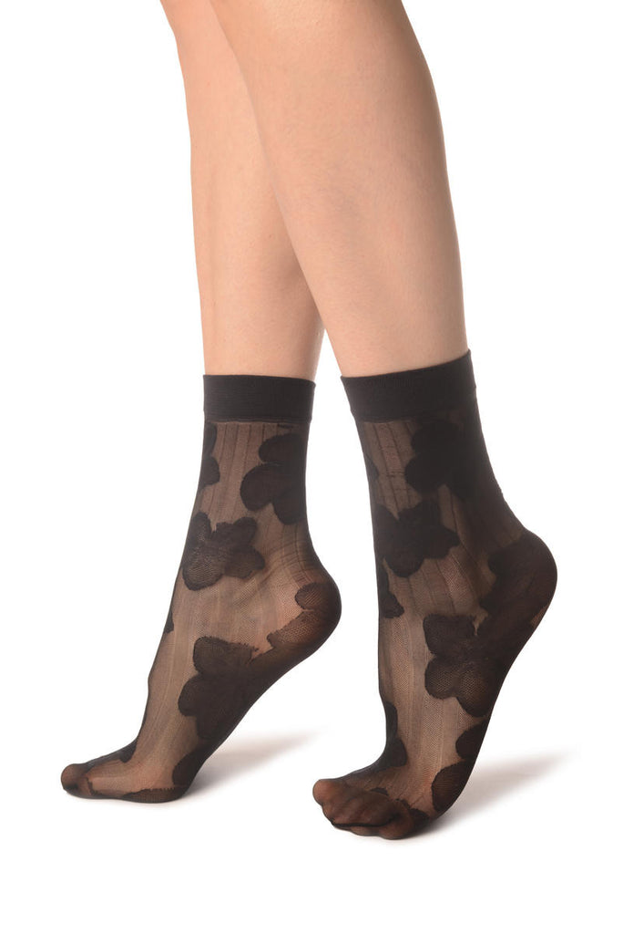 Liss Kiss Black Flower & Stripes Ankle High Socks - Socks
