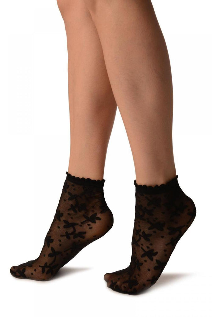 Liss Kiss Black Flowers Ankle High Socks With Comfort Top - Socks