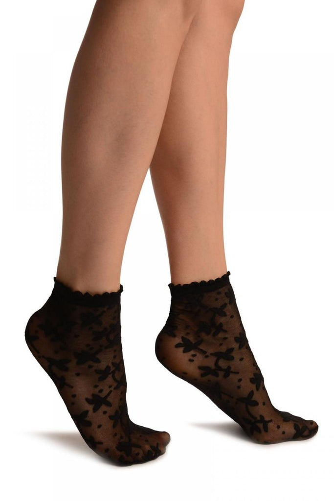 liss kiss Black Flowers Ankle High Socks With Comfort Top - Socks