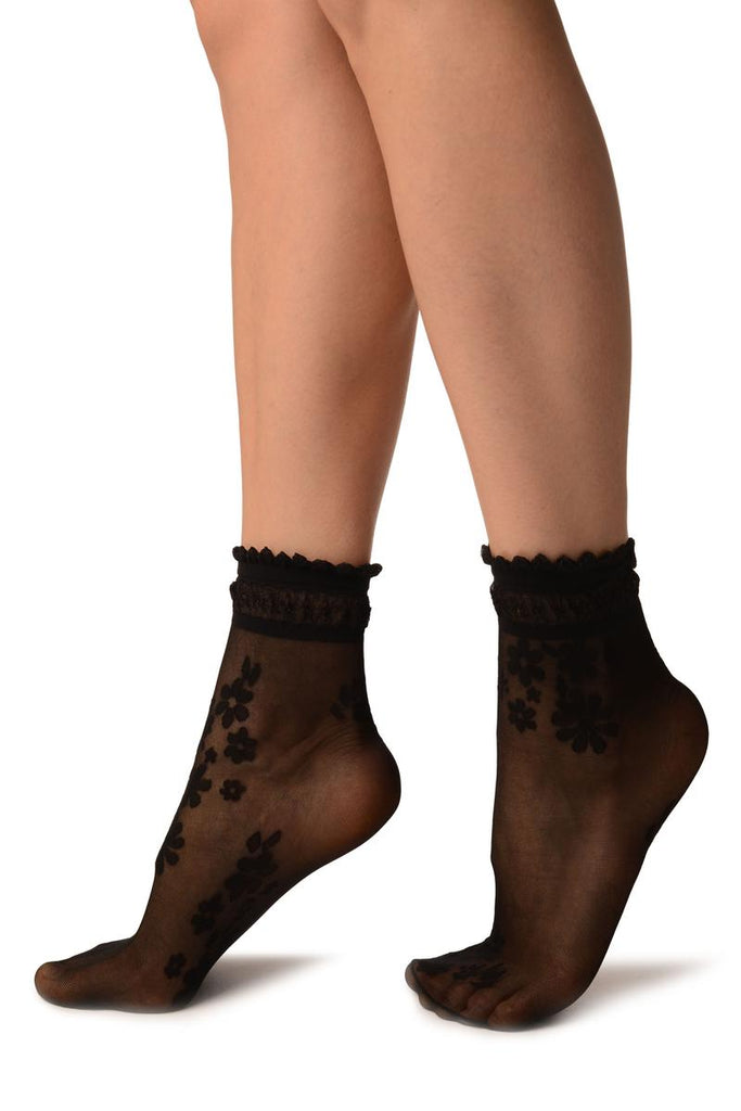 Liss Kiss Black Flowers Bouquet Ankle High Socks With Comfort Top - Socks