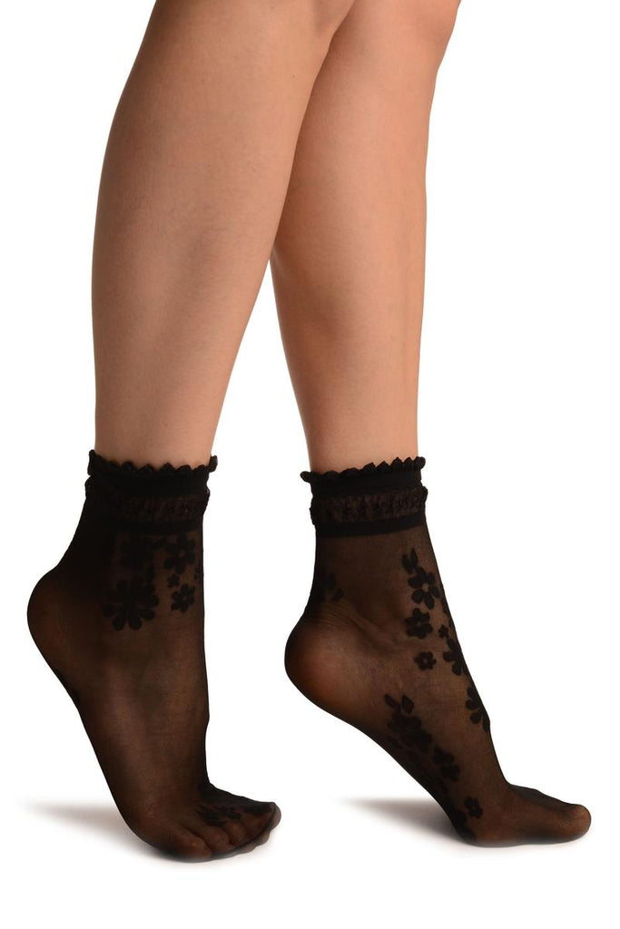 liss kiss Black Flowers Bouquet Ankle High Socks With Comfort Top - Socks