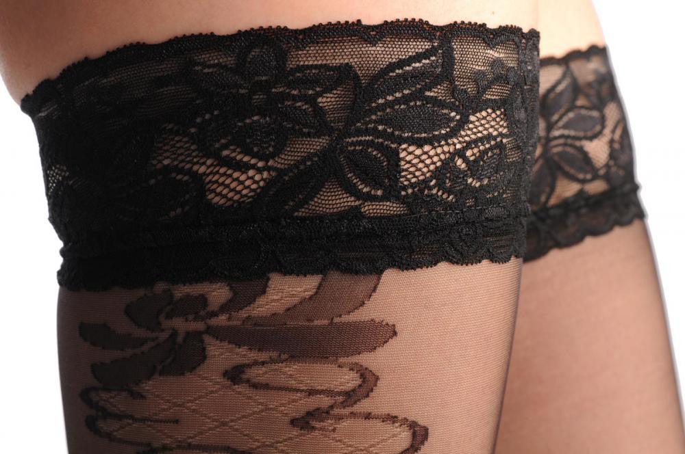 Liss Kiss Black Flowers On The Side With Lace Silicon Garter 20 Den - Hold Ups