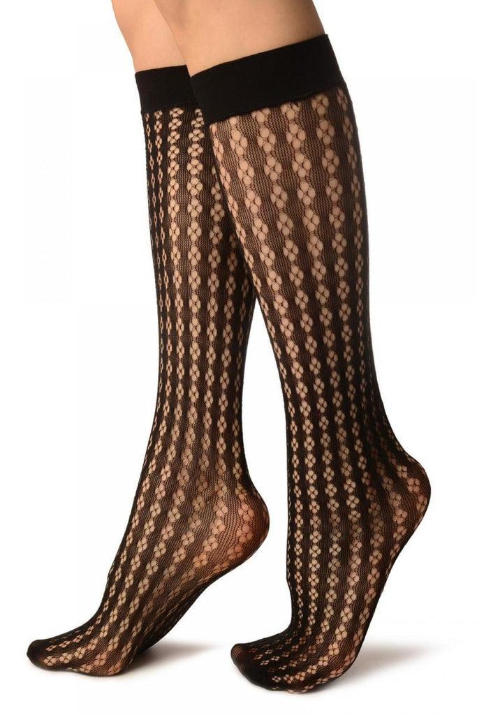Liss Kiss Black Four Petals Stripes Lace Socks Knee High - Socks