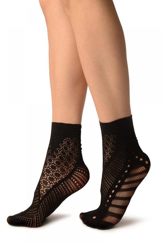 Liss Kiss Black French Lace Mix Lace Socks Ankle High - Socks