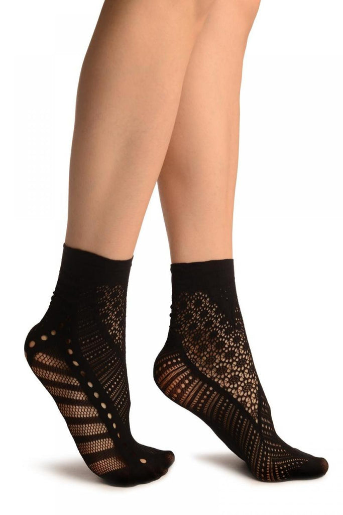 liss kiss Black French Lace Mix Lace Socks Ankle High - Socks