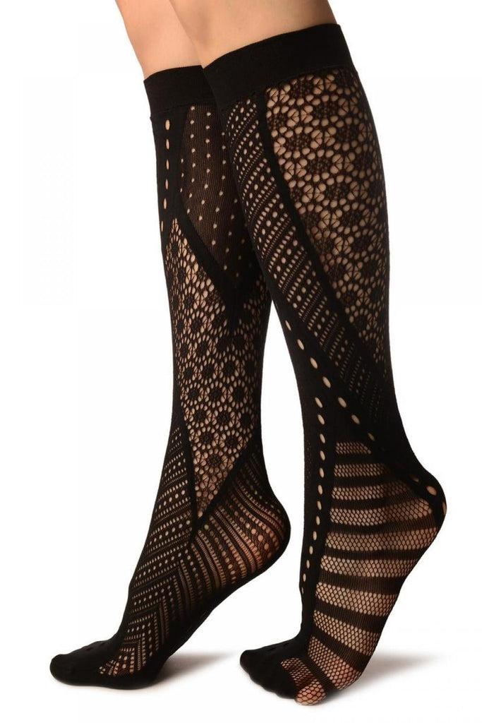 Liss Kiss Black French Lace Mix Lace Socks Knee High - Socks