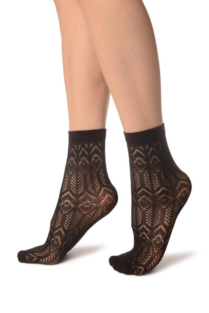 Liss Kiss Black Geometrical Crochet Lace Ankle High Socks - Socks