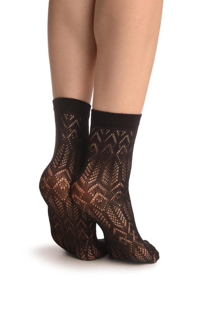 Liss Kiss Black Geometrical Crochet Lace Ankle High Socks - Socks