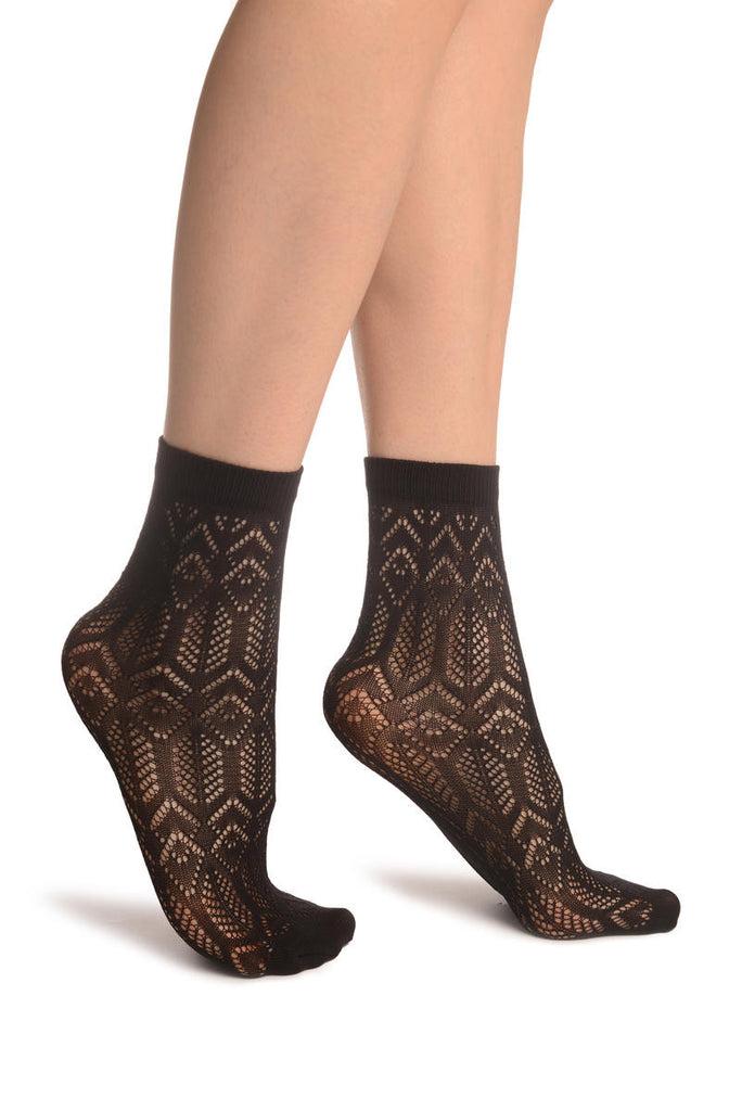 liss kiss Black Geometrical Crochet Lace Ankle High Socks - Socks