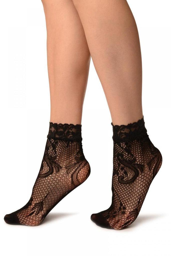 Liss Kiss Black Gladiolus Flowers Lace Ankle High Socks - Socks
