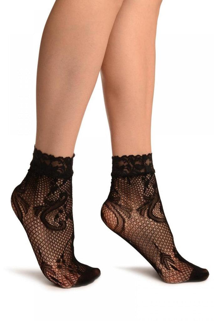 liss kiss Black Gladiolus Flowers Lace Ankle High Socks - Socks